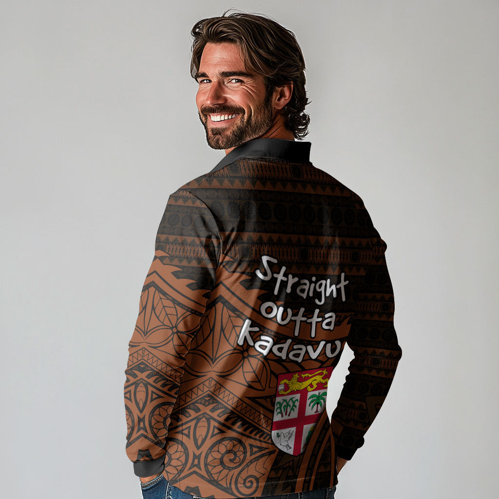 Straight Outta Kadavu Fiji Long Sleeve Polo Shirt Tribal Polynesian Tattoo Coat Of Arms Flag