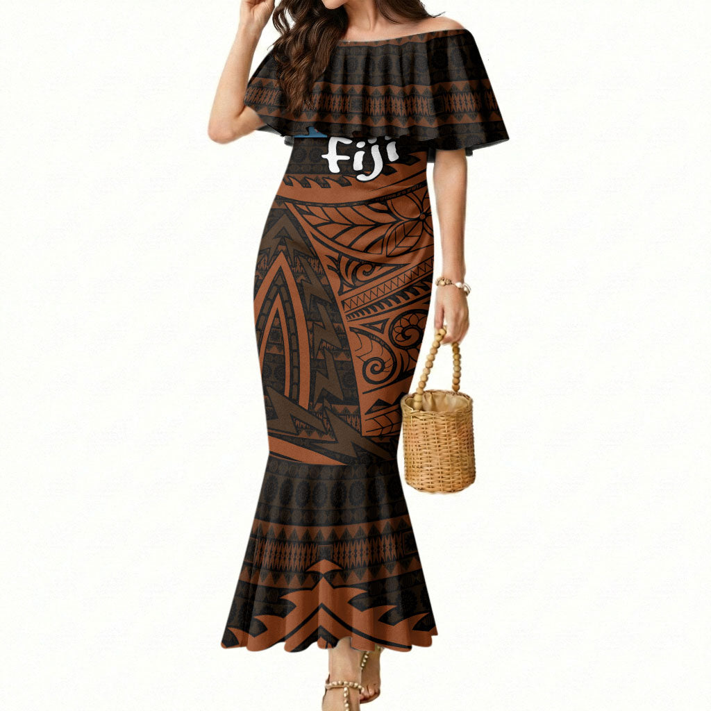 Straight Outta Kadavu Fiji Mermaid Dress Tribal Polynesian Tattoo Coat Of Arms Flag TS04 Women Brown Black - Polynesian Pride