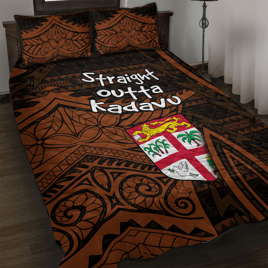 Straight Outta Kadavu Fiji Quilt Bed Set Tribal Polynesian Tattoo Coat Of Arms Flag TS04 Brown Black - Polynesian Pride