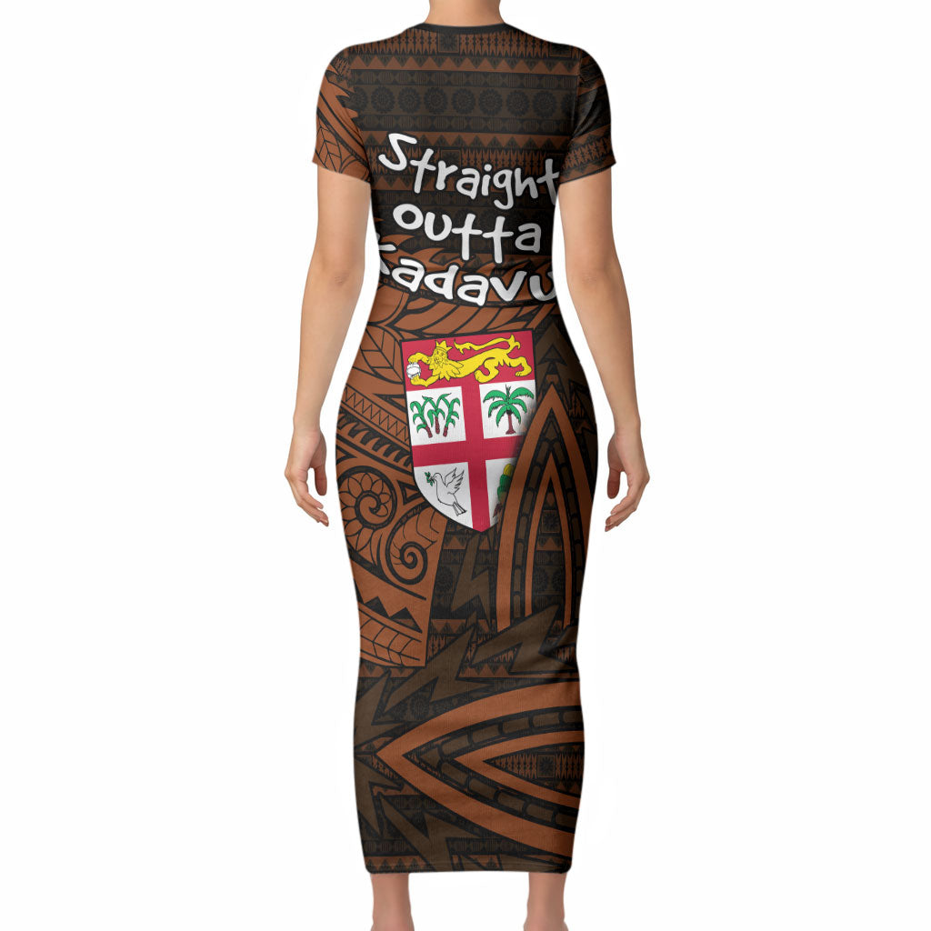 Straight Outta Kadavu Fiji Short Sleeve Bodycon Dress Tribal Polynesian Tattoo Coat Of Arms Flag