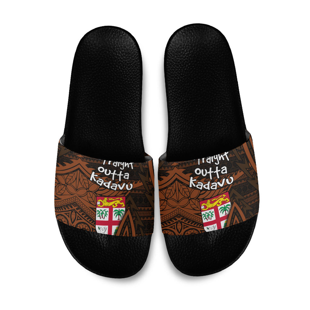 Straight Outta Kadavu Fiji Slide Sandals Tribal Polynesian Tattoo Coat Of Arms Flag