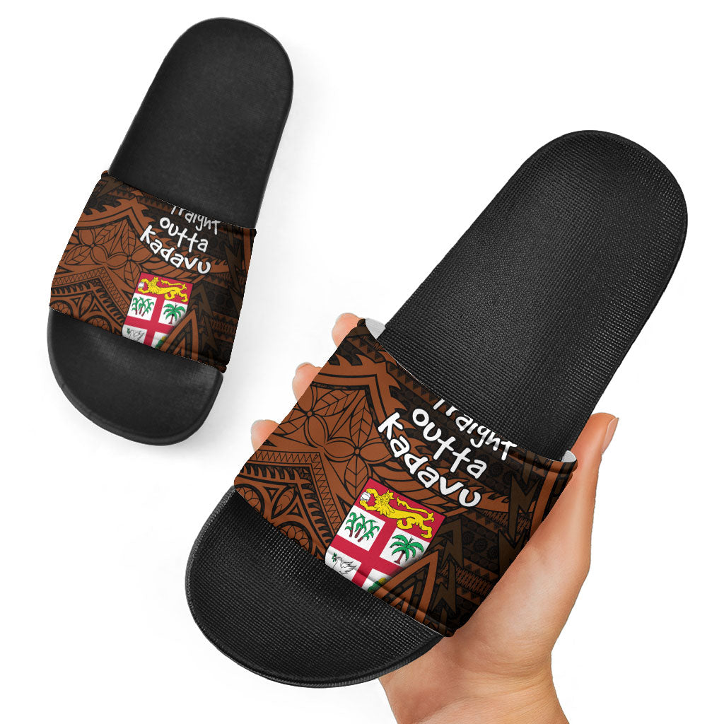 Straight Outta Kadavu Fiji Slide Sandals Tribal Polynesian Tattoo Coat Of Arms Flag