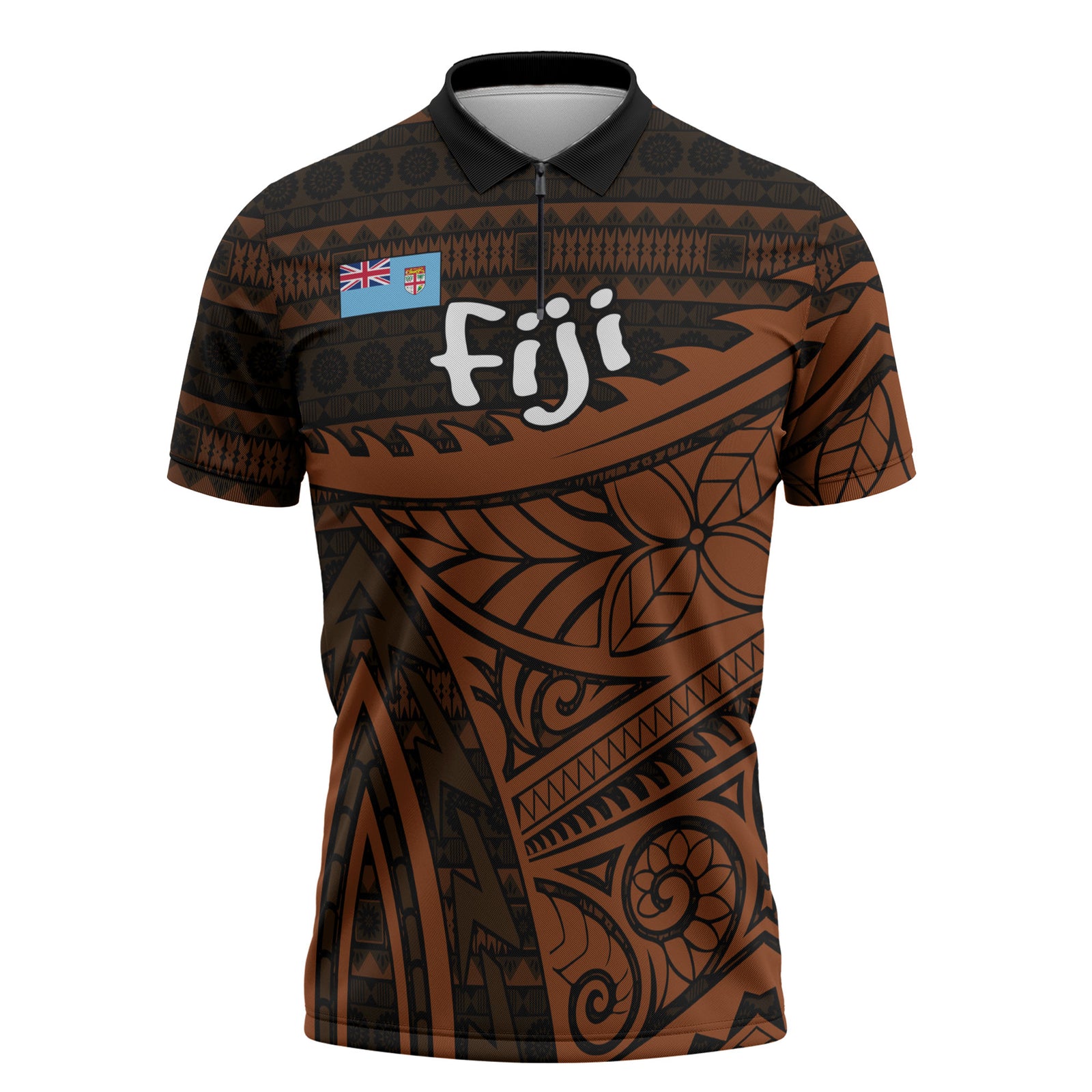 Straight Outta Kadavu Fiji Zipper Polo Shirt Tribal Polynesian Tattoo Coat Of Arms Flag TS04 Brown Black - Polynesian Pride