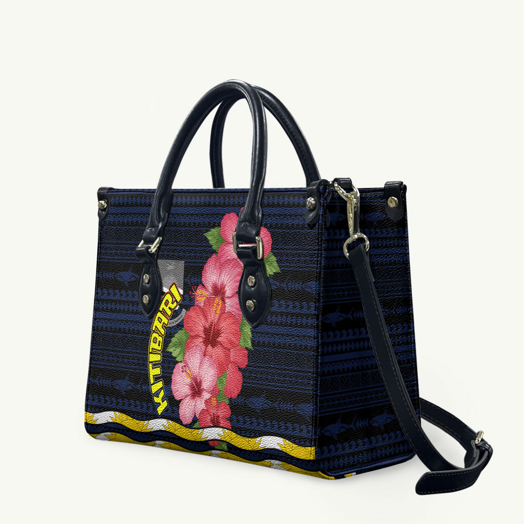 Kiribati Leather Bag Tropical Pink Hibiscus Flowers Polynesian Tribal TS04 Blue Black - Polynesian Pride