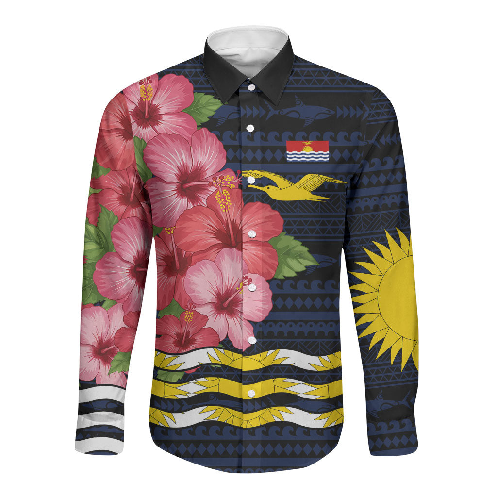 Kiribati Long Sleeve Button Shirt Tropical Pink Hibiscus Flowers Polynesian Tribal TS04 Unisex Blue Black - Polynesian Pride