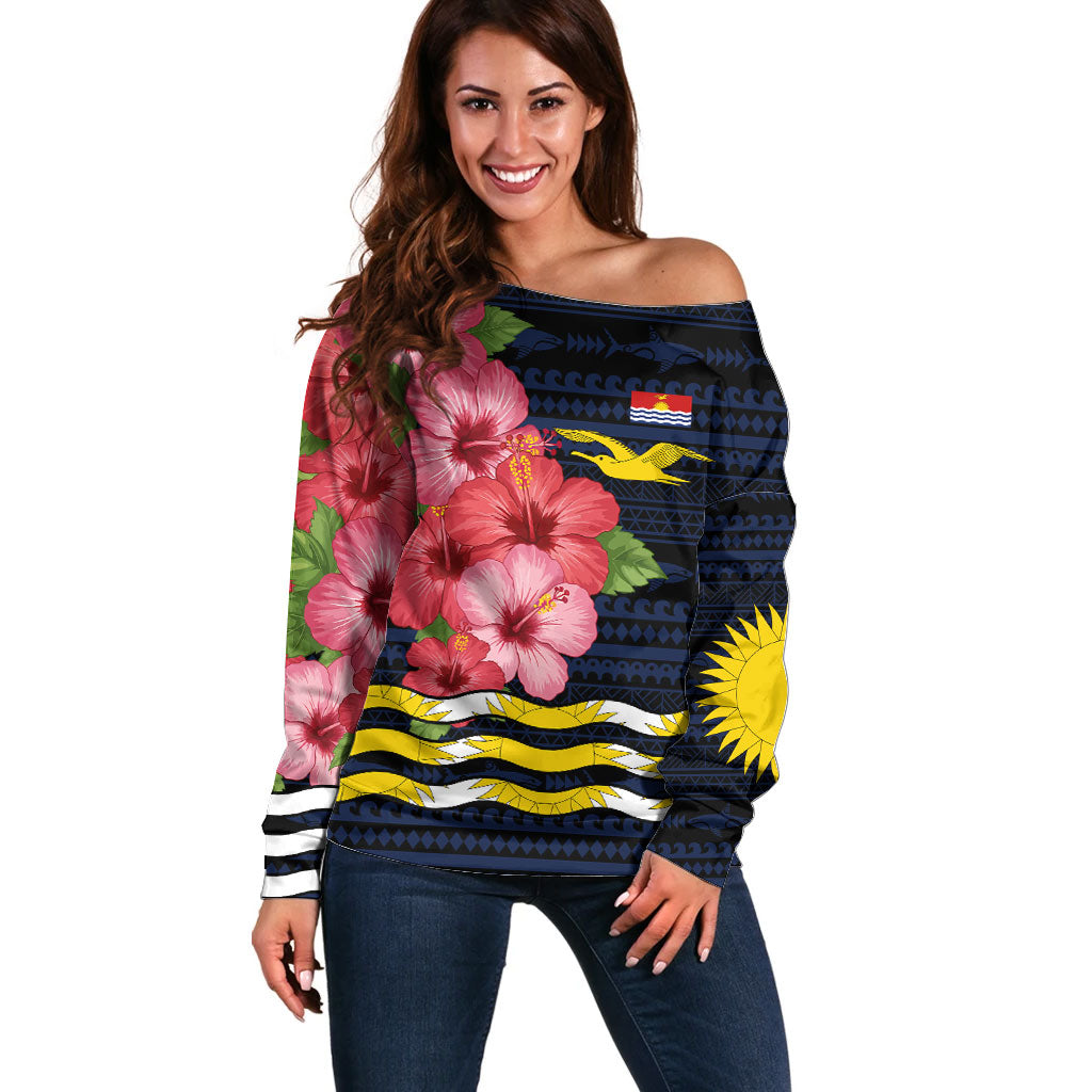 Kiribati Off Shoulder Sweater Tropical Pink Hibiscus Flowers Polynesian Tribal TS04 Women Blue Black - Polynesian Pride