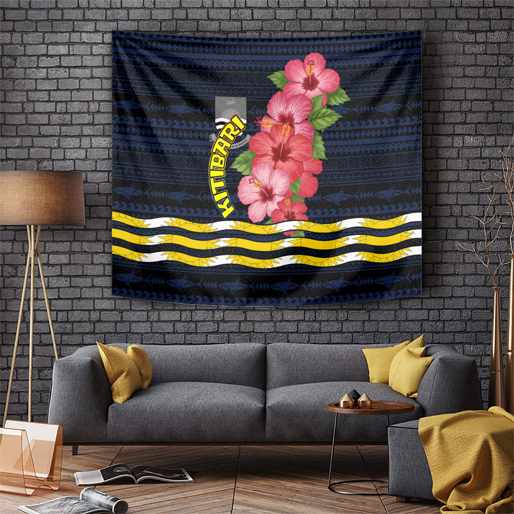 Kiribati Tapestry Tropical Pink Hibiscus Flowers Polynesian Tribal TS04 Blue Black - Polynesian Pride
