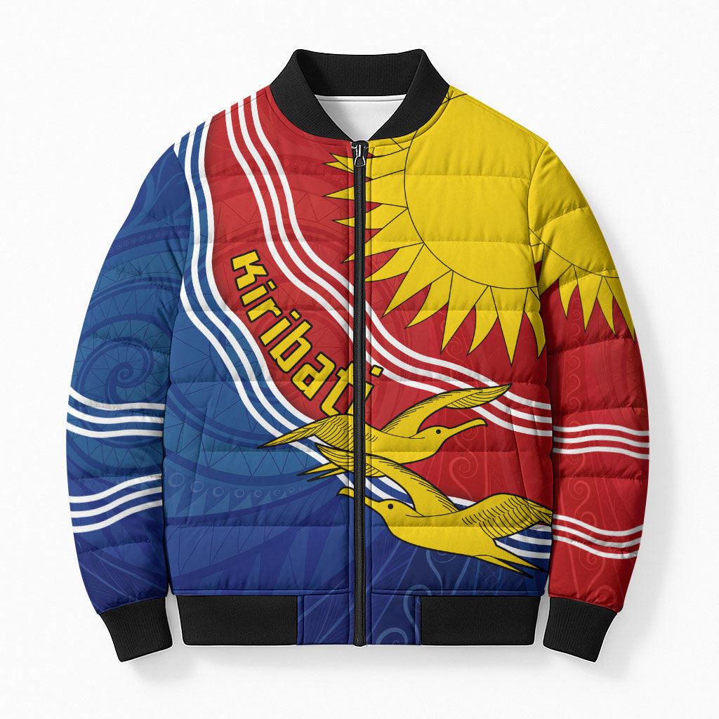 Kiribati Flag Coat Of Arms Bomber Puffer Jacket Sun Rising Frigatebird Pacific Island Tribal Pattern TS04 Unisex Red Yellow - Polynesian Pride