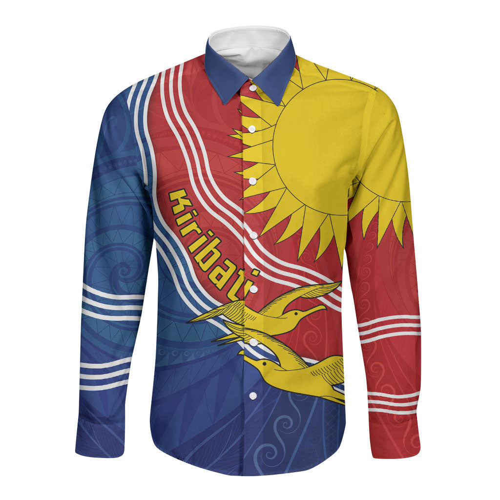 Kiribati Flag Coat Of Arms Long Sleeve Button Shirt Sun Rising Frigatebird Pacific Island Tribal Pattern TS04 Unisex Red Yellow - Polynesian Pride