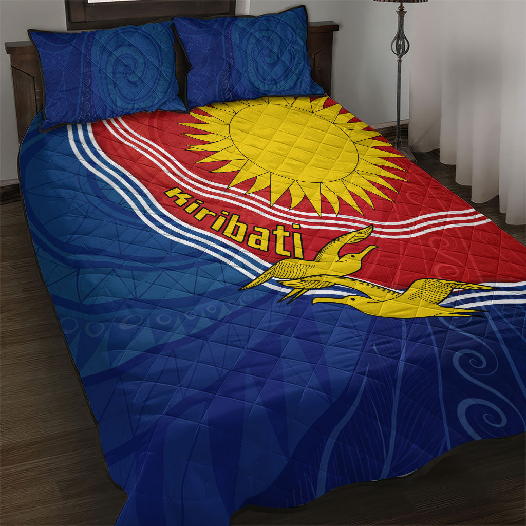 Kiribati Flag Coat Of Arms Quilt Bed Set Sun Rising Frigatebird Pacific Island Tribal Pattern TS04 Red Yellow - Polynesian Pride