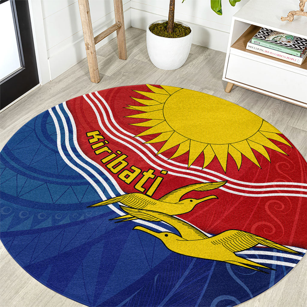 Kiribati Flag Coat Of Arms Round Carpet Sun Rising Frigatebird Pacific Island Tribal Pattern TS04 Red Yellow - Polynesian Pride