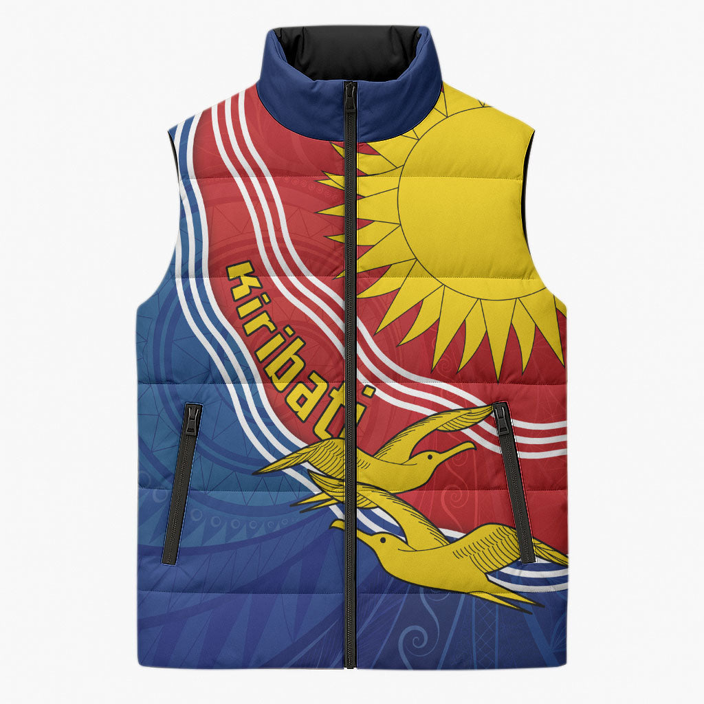 Kiribati Flag Coat Of Arms Sleeveless Puffer Jacket Sun Rising Frigatebird Pacific Island Tribal Pattern TS04 Unisex Red Yellow - Polynesian Pride