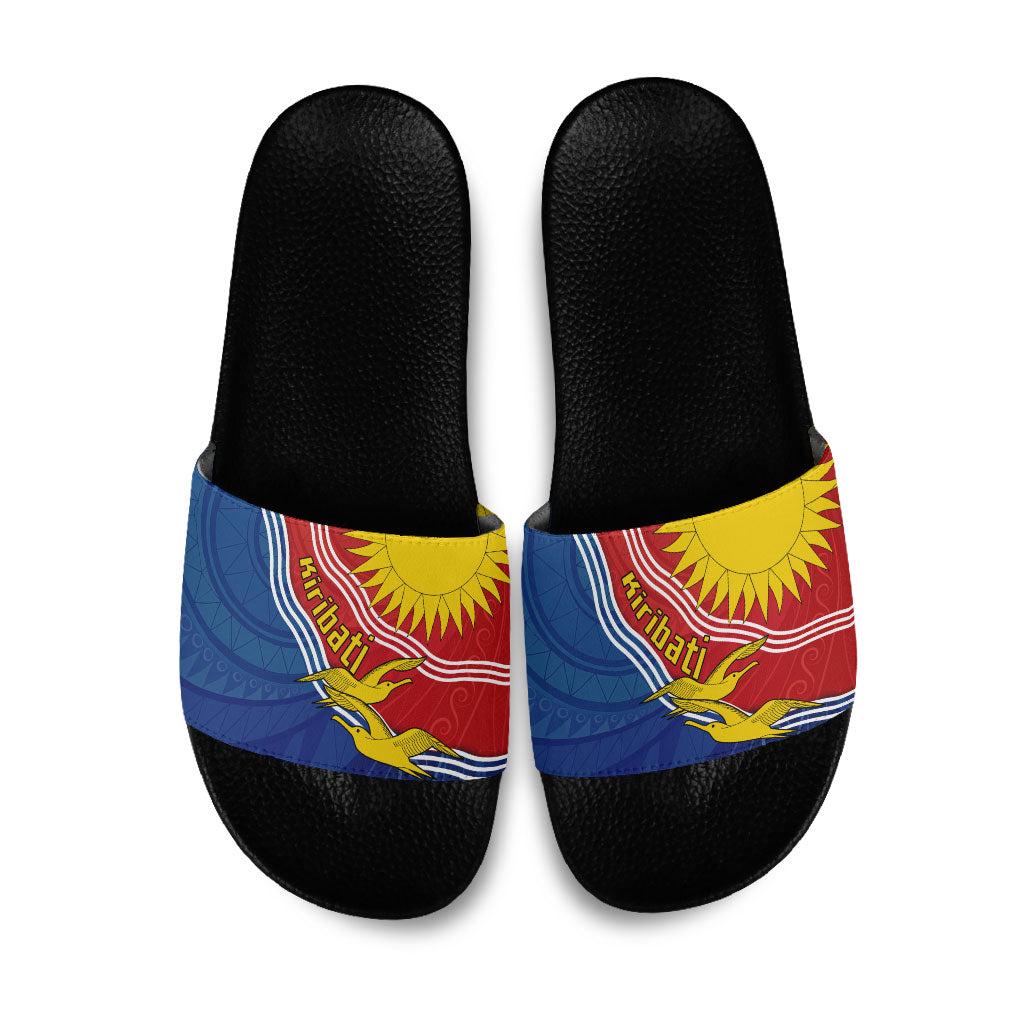 Kiribati Flag Coat Of Arms Slide Sandals Sun Rising Frigatebird Pacific Island Tribal Pattern TS04 Red Yellow - Polynesian Pride