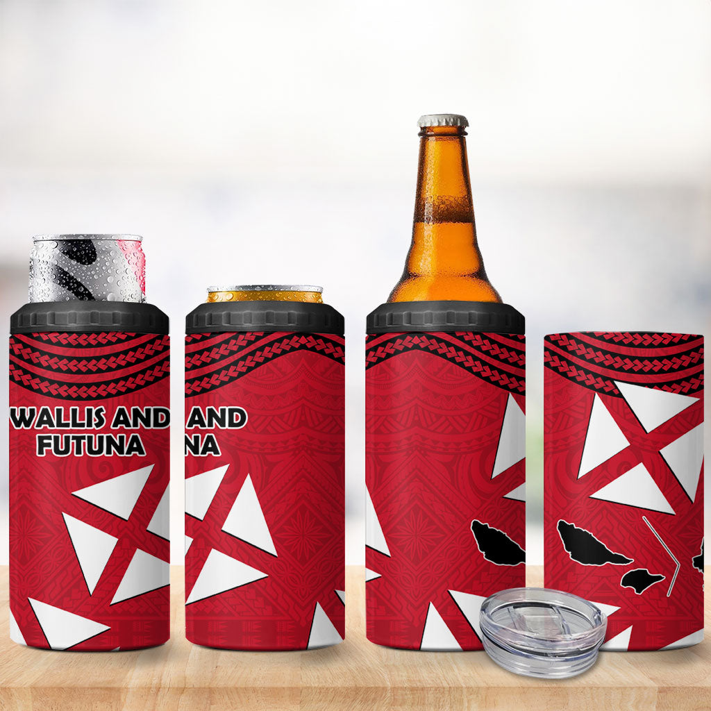 Wallis And Futuna 4 in 1 Can Cooler Tumbler Polynesian Tattoo Flag Map