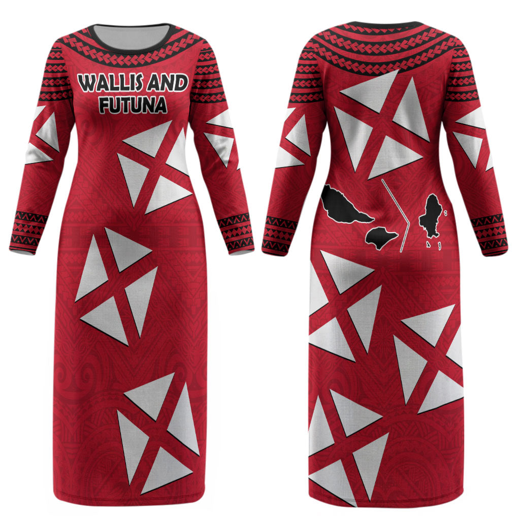 Wallis And Futuna Couples Matching Long Sleeve Bodycon Dress and Long Sleeve Button Shirt Polynesian Tattoo Flag Map