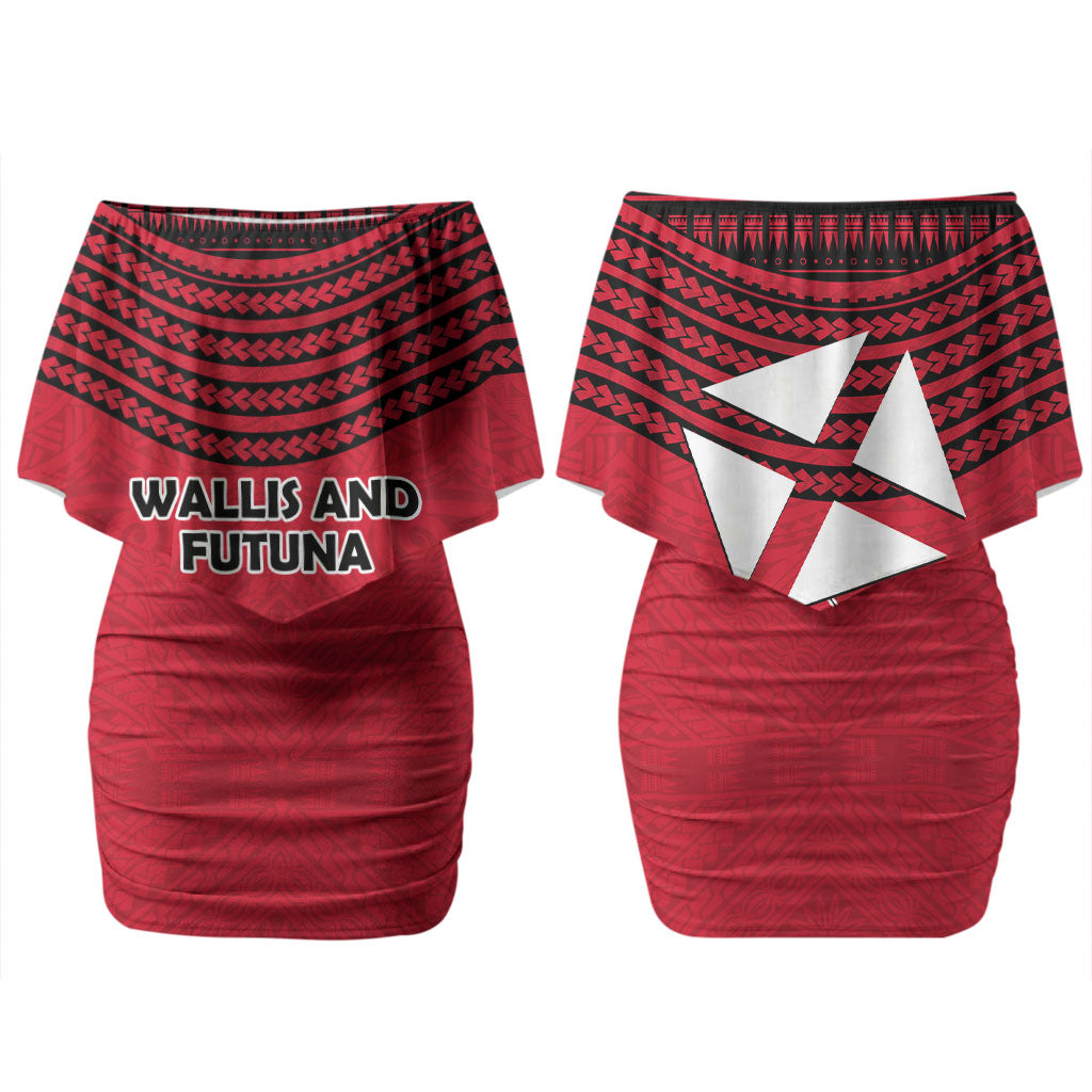 Wallis And Futuna Couples Matching Off Shoulder Short Dress and Hawaiian Shirt Polynesian Tattoo Flag Map