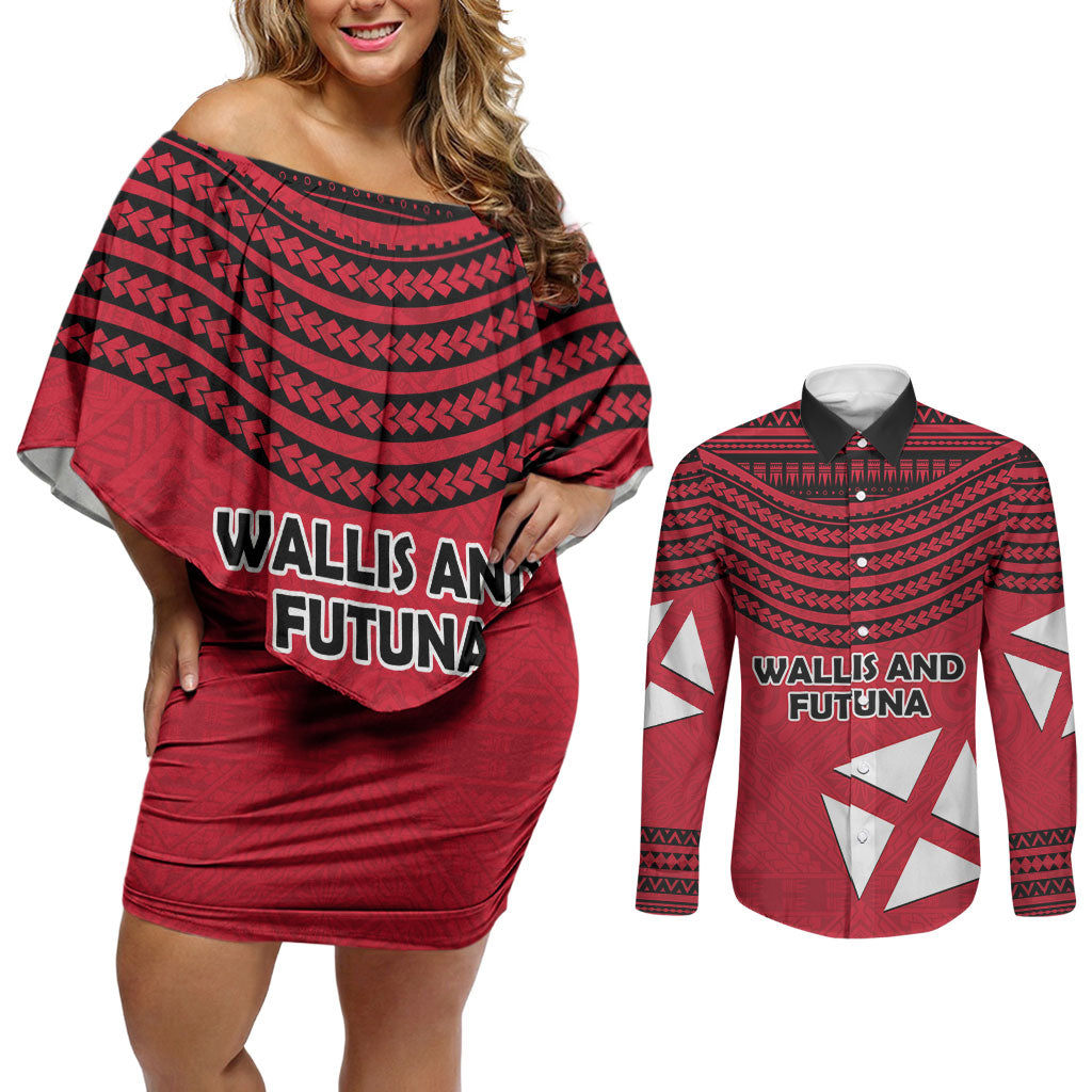 Wallis And Futuna Couples Matching Off Shoulder Short Dress and Long Sleeve Button Shirt Polynesian Tattoo Flag Map TS04 Red Black - Polynesian Pride