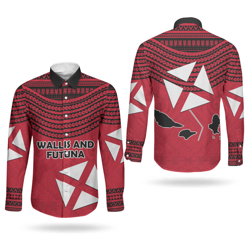 Wallis And Futuna Couples Matching Puletasi and Long Sleeve Button Shirt Polynesian Tattoo Flag Map