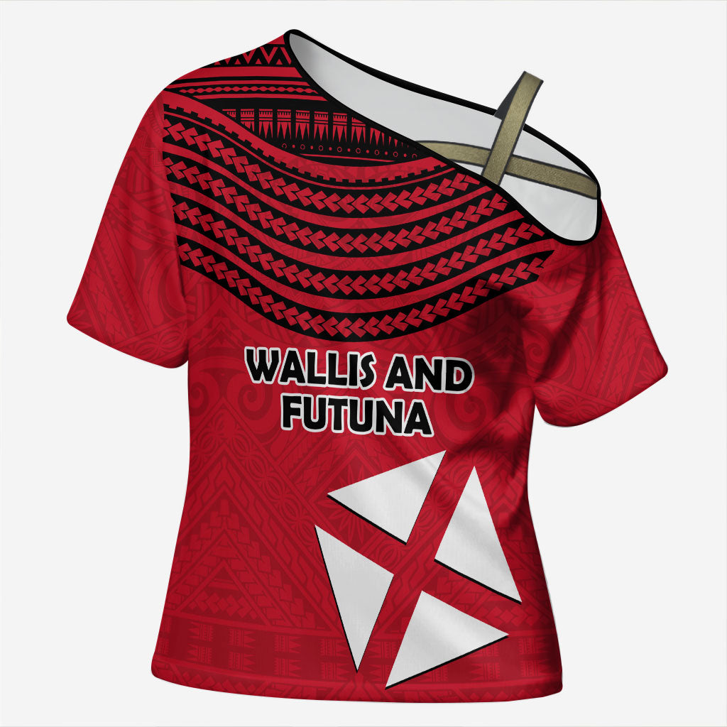 Wallis And Futuna Cross Shoulder Shirt Polynesian Tattoo Flag Map TS04 Female Red Black - Polynesian Pride