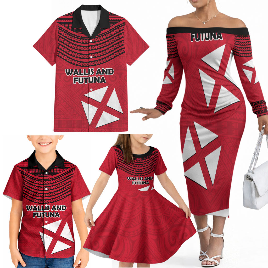 Wallis And Futuna Family Matching Off The Shoulder Long Sleeve Dress and Hawaiian Shirt Polynesian Tattoo Flag Map