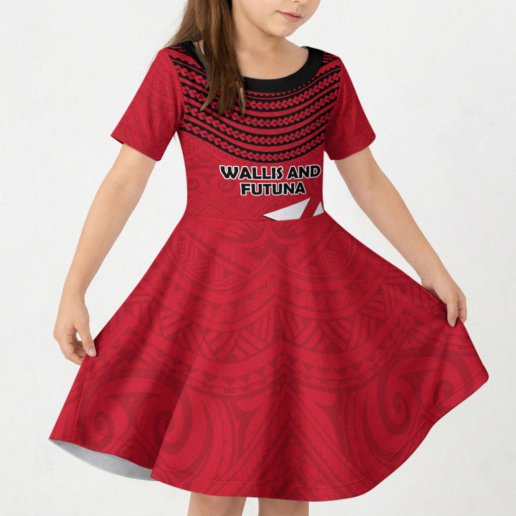 Wallis And Futuna Kid Short Sleeve Dress Polynesian Tattoo Flag Map