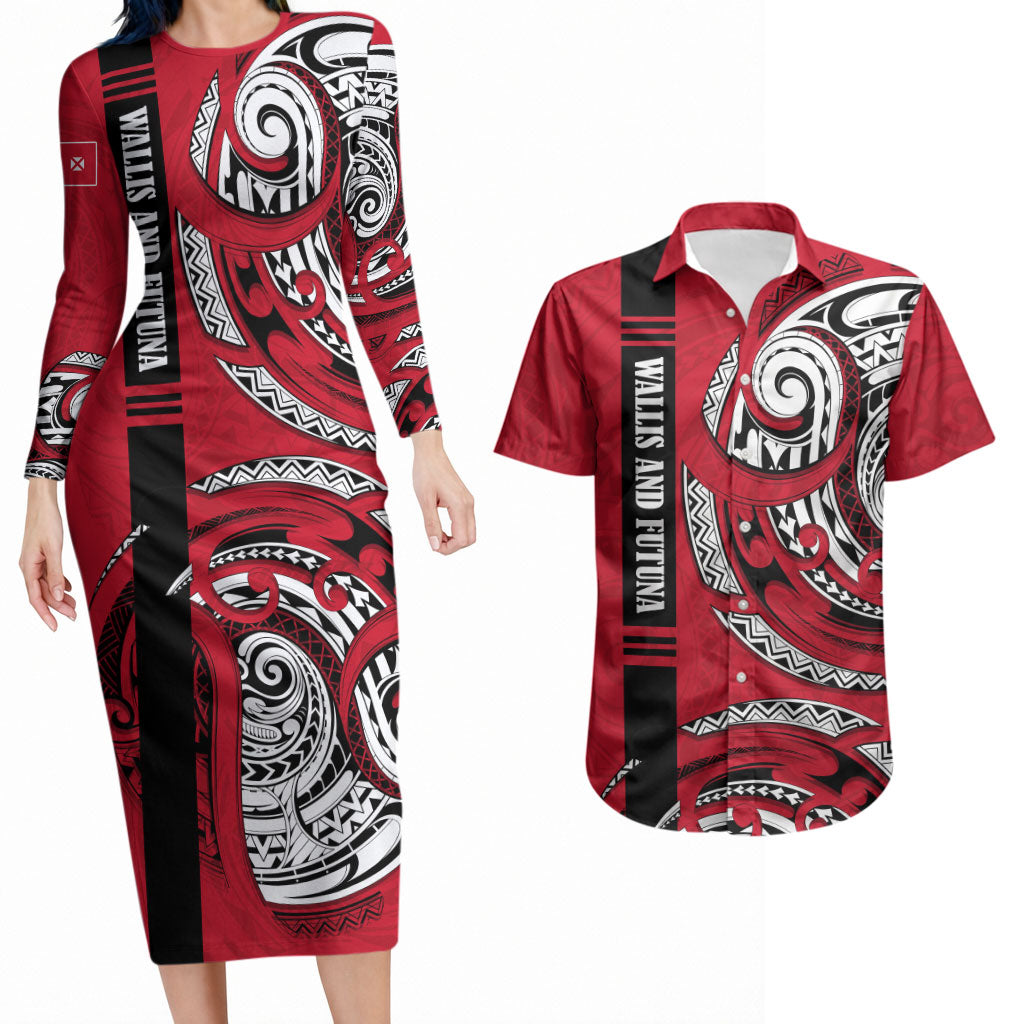 Wallis And Futuna Couples Matching Long Sleeve Bodycon Dress and Hawaiian Shirt Tribal Polynesian Tattoo Flag Motif
