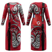 Wallis And Futuna Couples Matching Long Sleeve Bodycon Dress and Hawaiian Shirt Tribal Polynesian Tattoo Flag Motif
