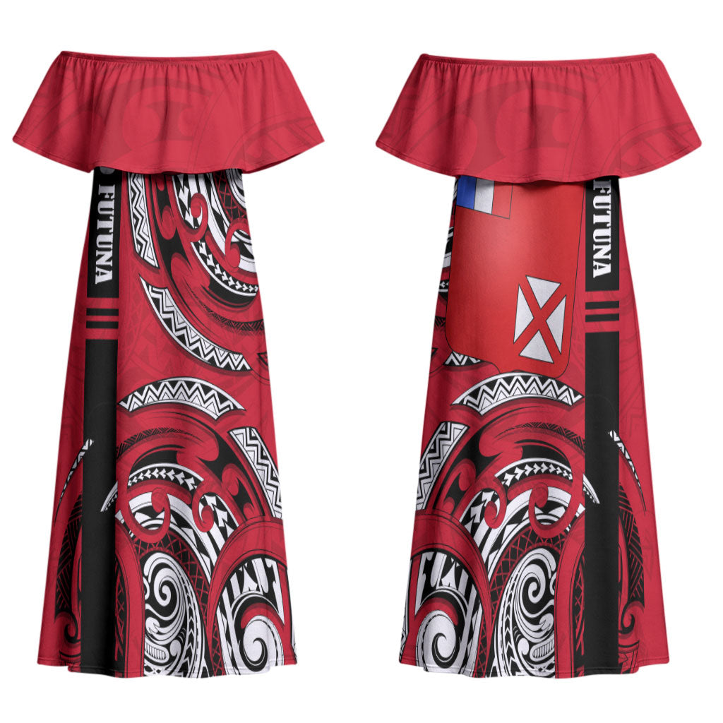 Wallis And Futuna Couples Matching Off Shoulder Maxi Dress and Long Sleeve Button Shirt Tribal Polynesian Tattoo Flag Motif