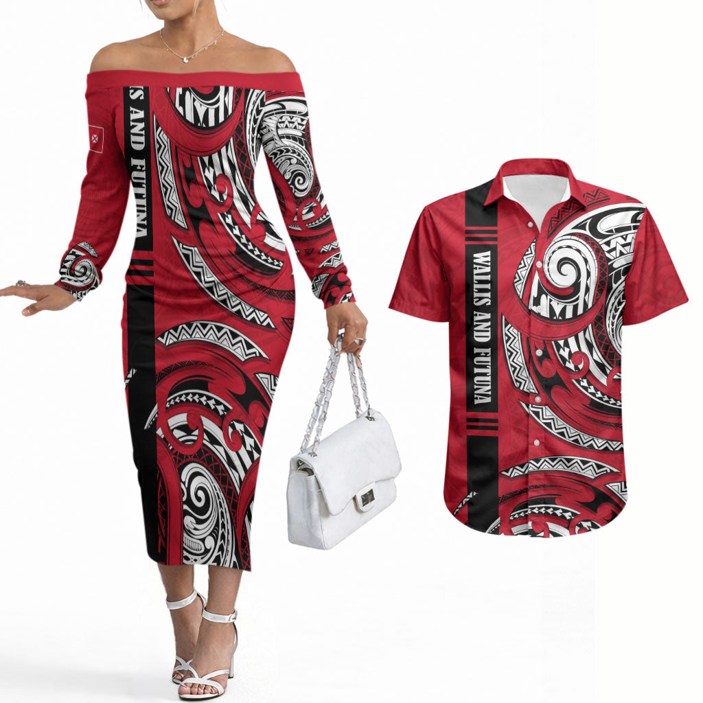Wallis And Futuna Couples Matching Off The Shoulder Long Sleeve Dress and Hawaiian Shirt Tribal Polynesian Tattoo Flag Motif