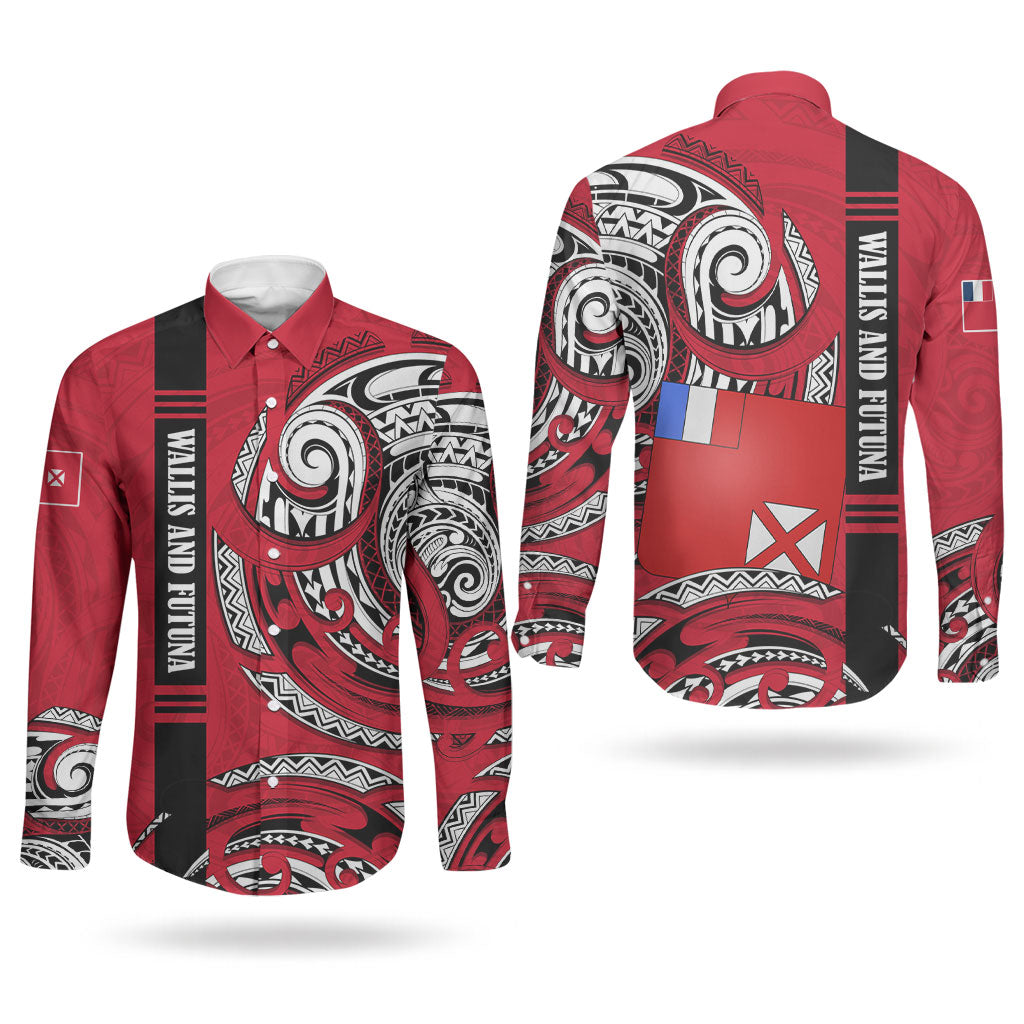 Wallis And Futuna Couples Matching Tank Maxi Dress and Long Sleeve Button Shirt Tribal Polynesian Tattoo Flag Motif