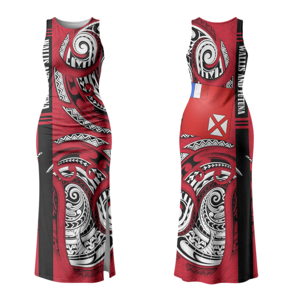 Wallis And Futuna Couples Matching Tank Maxi Dress and Long Sleeve Button Shirt Tribal Polynesian Tattoo Flag Motif