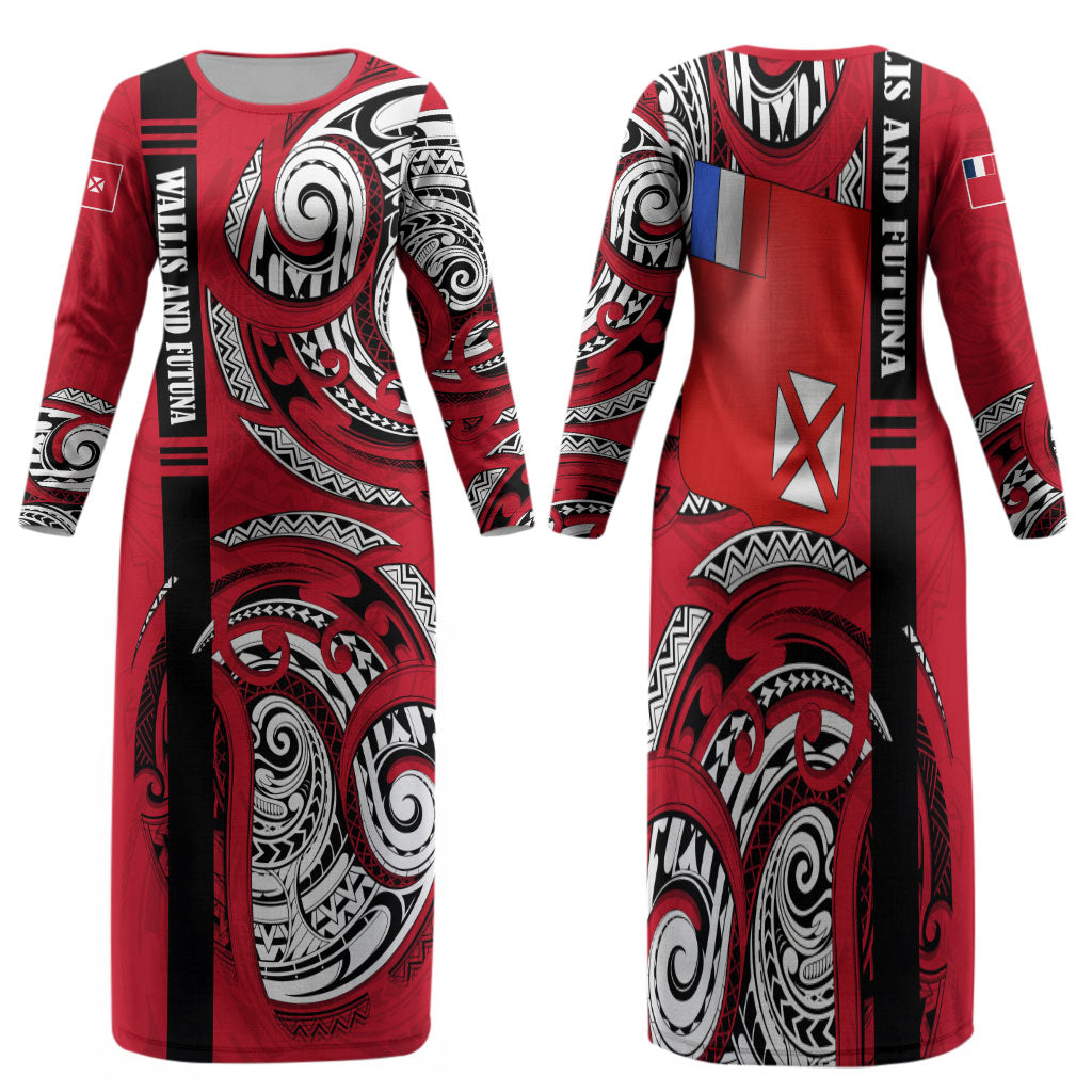 Wallis And Futuna Family Matching Long Sleeve Bodycon Dress and Hawaiian Shirt Tribal Polynesian Tattoo Flag Motif