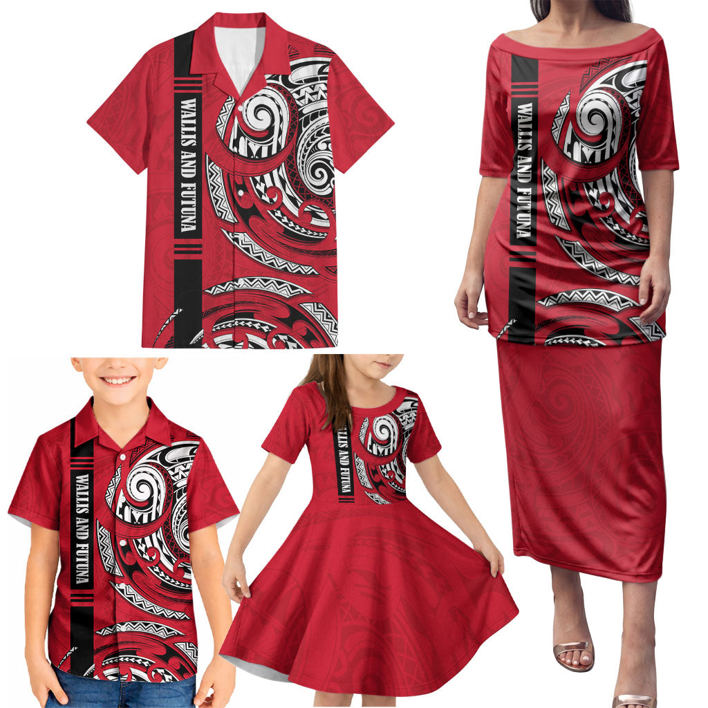 Wallis And Futuna Family Matching Puletasi and Hawaiian Shirt Tribal Polynesian Tattoo Flag Motif