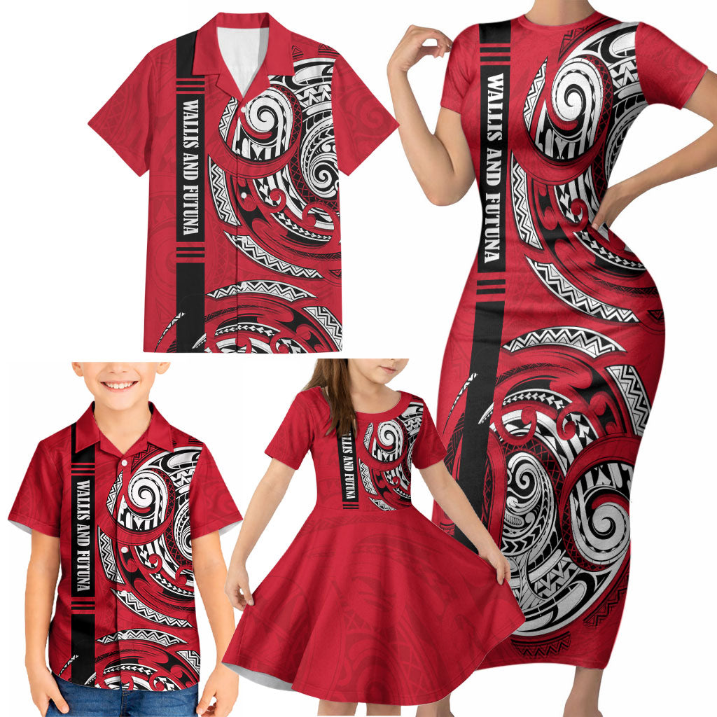 Wallis And Futuna Family Matching Short Sleeve Bodycon Dress and Hawaiian Shirt Tribal Polynesian Tattoo Flag Motif TS04 - Polynesian Pride