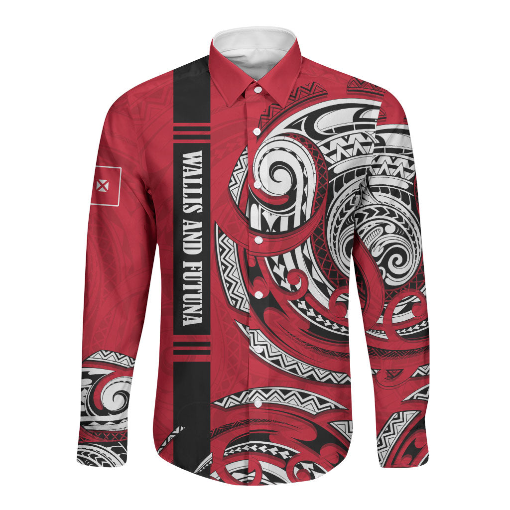 Wallis And Futuna Long Sleeve Button Shirt Tribal Polynesian Tattoo Flag Motif