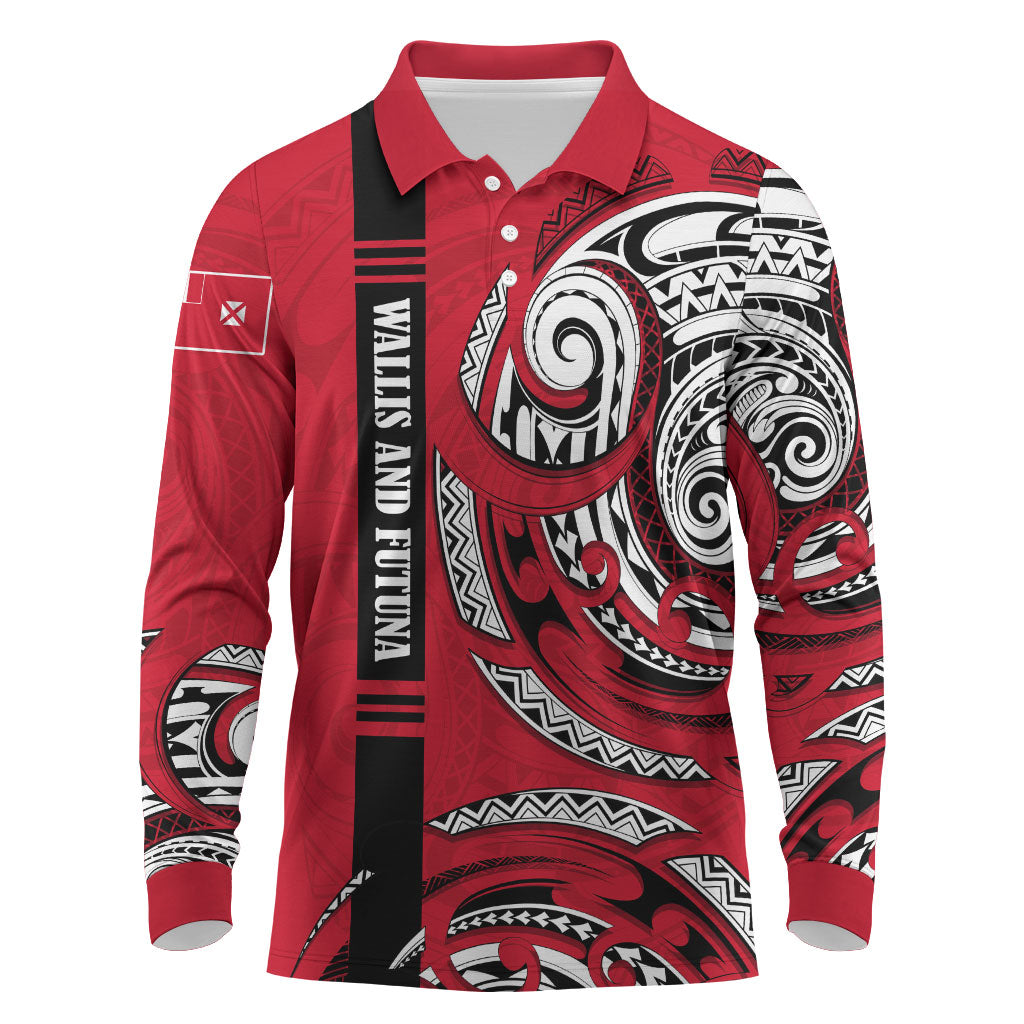 Wallis And Futuna Long Sleeve Polo Shirt Tribal Polynesian Tattoo Flag Motif