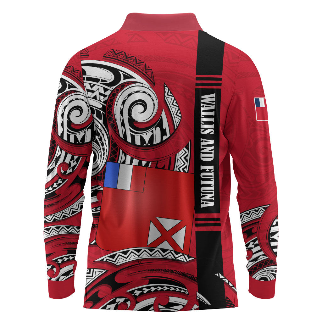 Wallis And Futuna Long Sleeve Polo Shirt Tribal Polynesian Tattoo Flag Motif