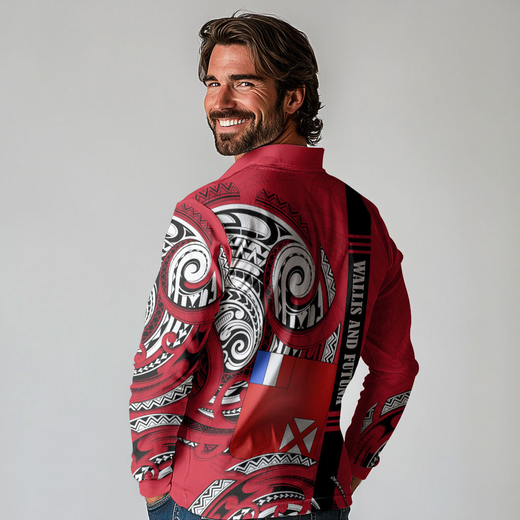 Wallis And Futuna Long Sleeve Polo Shirt Tribal Polynesian Tattoo Flag Motif