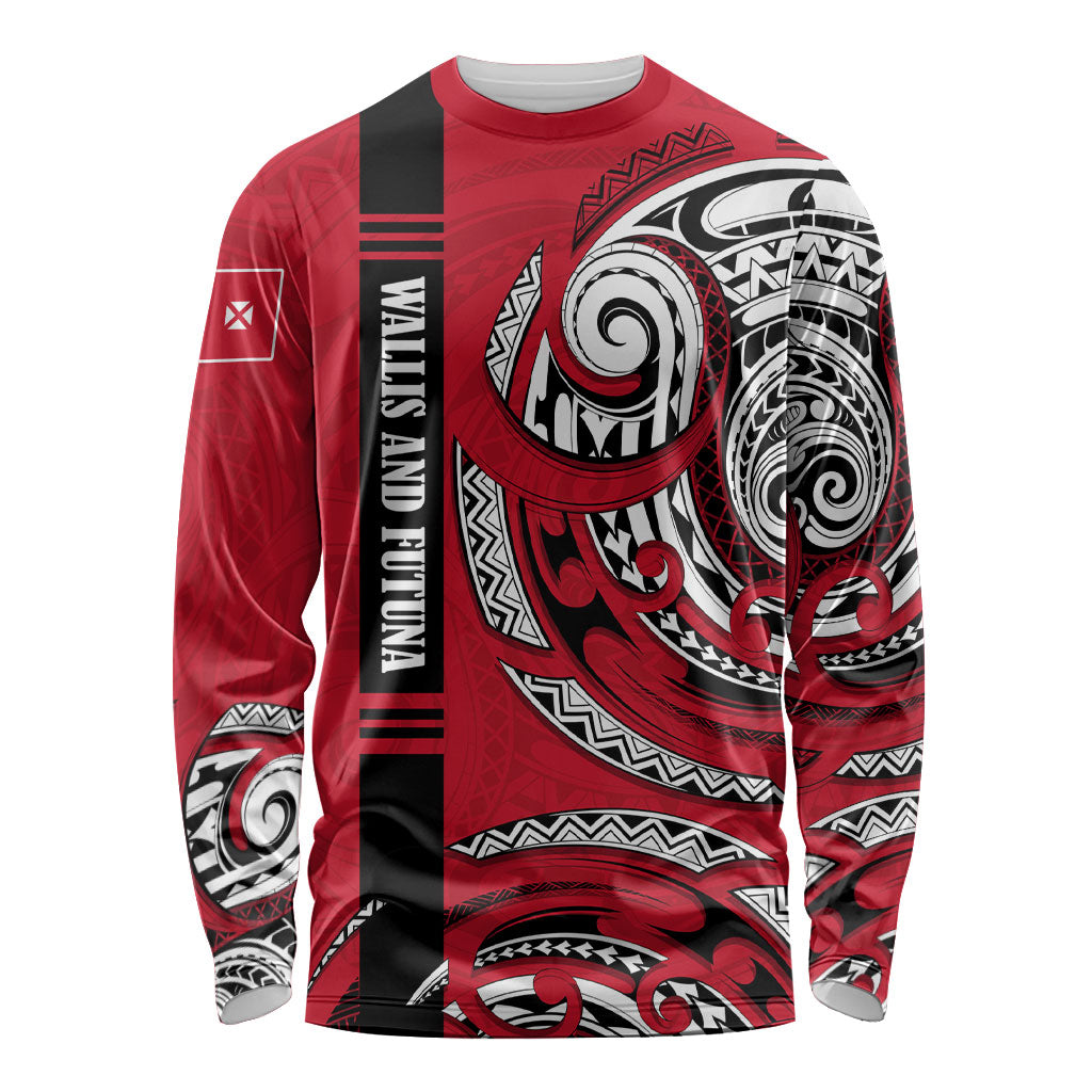 Wallis And Futuna Long Sleeve Shirt Tribal Polynesian Tattoo Flag Motif TS04 Unisex Red Black - Polynesian Pride