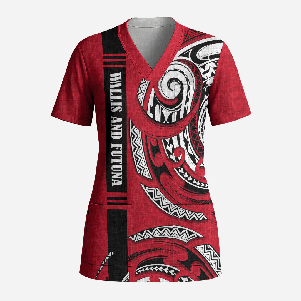 Wallis And Futuna Scrub Top Tribal Polynesian Tattoo Flag Motif