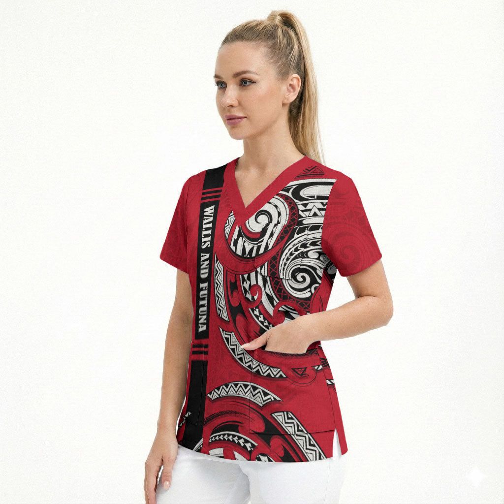 Wallis And Futuna Scrub Top Tribal Polynesian Tattoo Flag Motif