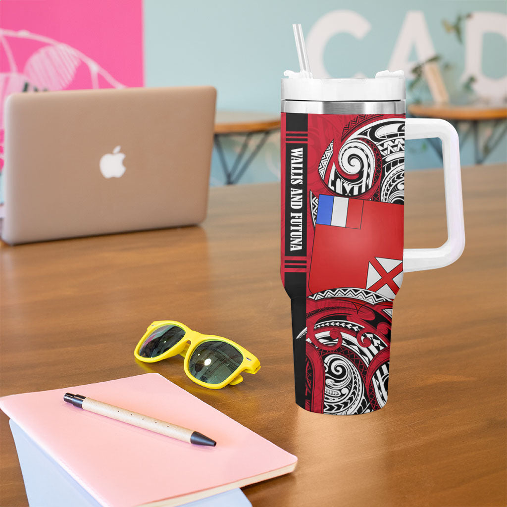 Wallis And Futuna Tumbler With Handle Tribal Polynesian Tattoo Flag Motif