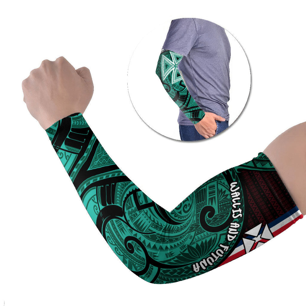Wallis And Futuna Arm Sleeves Tribal Polynesian Tattoo Heritage Cross Flag TS04 Set of 2 Green Black - Polynesian Pride