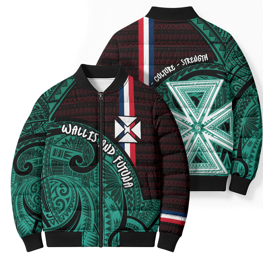 Wallis And Futuna Bomber Puffer Jacket Tribal Polynesian Tattoo Heritage Cross Flag