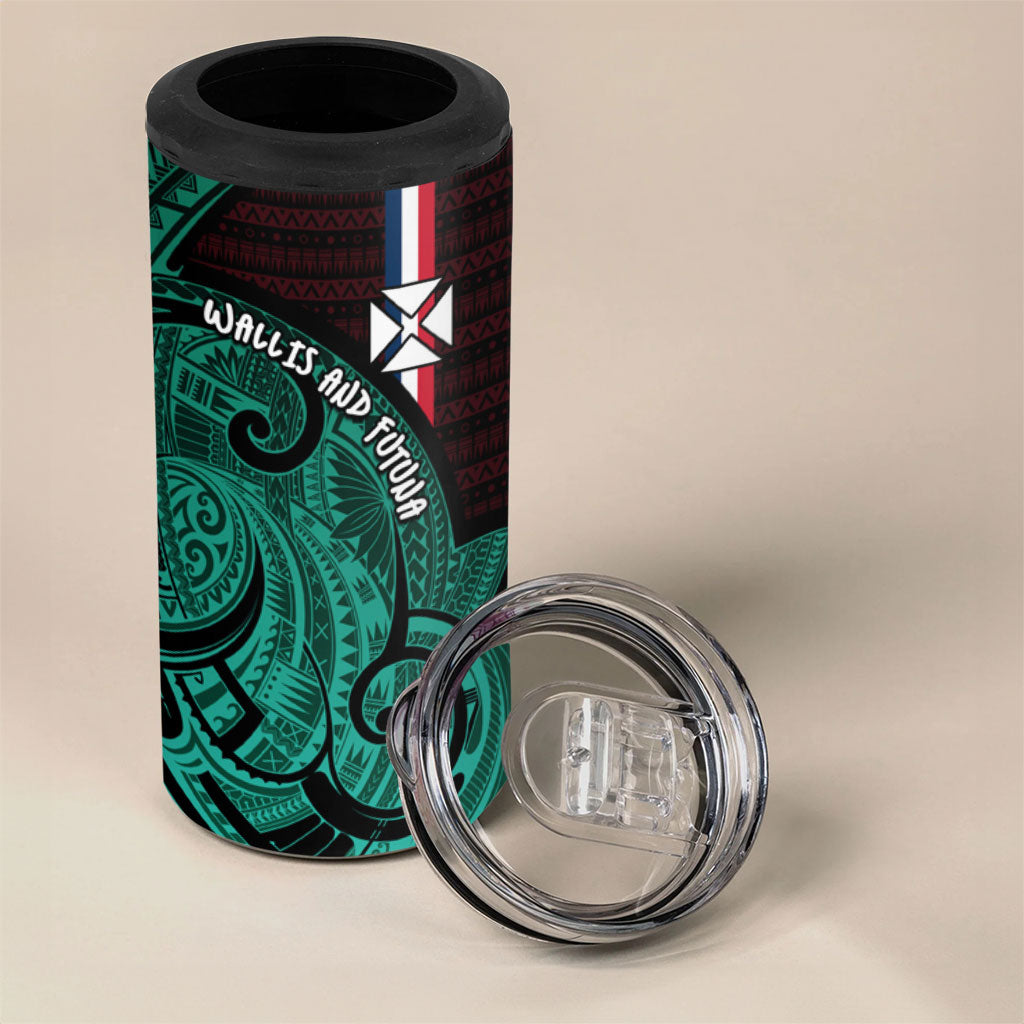 Wallis And Futuna 4 in 1 Can Cooler Tumbler Tribal Polynesian Tattoo Heritage Cross Flag