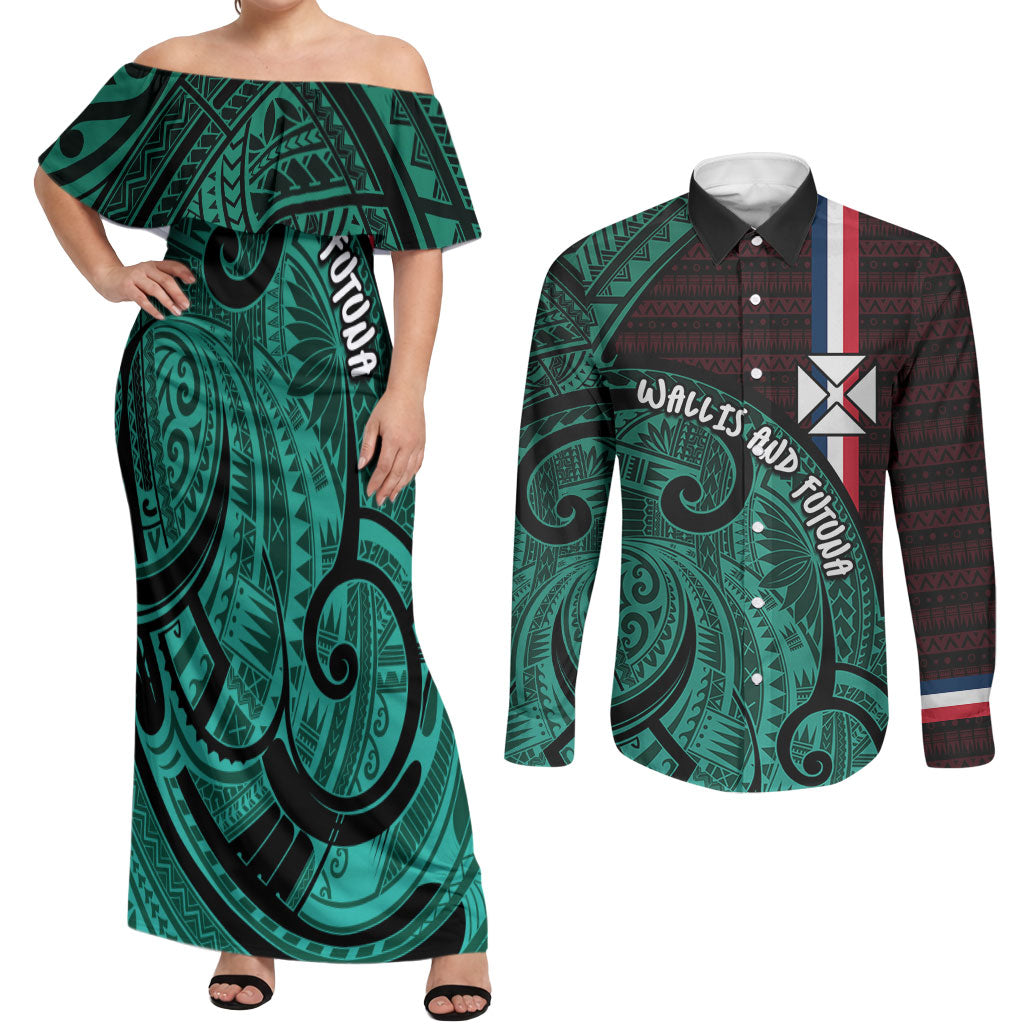 Wallis And Futuna Couples Matching Off Shoulder Maxi Dress and Long Sleeve Button Shirt Tribal Polynesian Tattoo Heritage Cross Flag