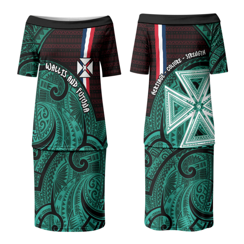 Wallis And Futuna Couples Matching Puletasi and Long Sleeve Button Shirt Tribal Polynesian Tattoo Heritage Cross Flag