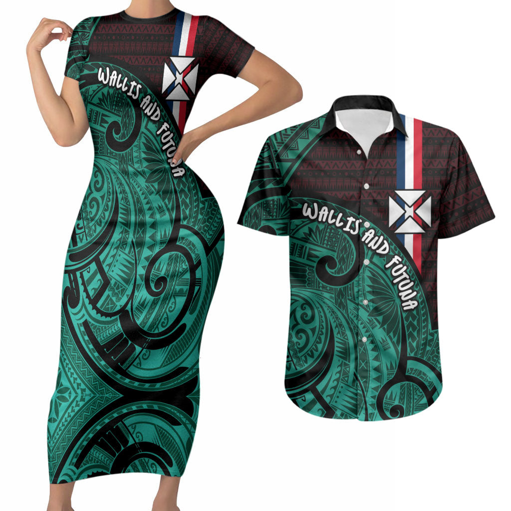 Wallis And Futuna Couples Matching Short Sleeve Bodycon Dress and Hawaiian Shirt Tribal Polynesian Tattoo Heritage Cross Flag