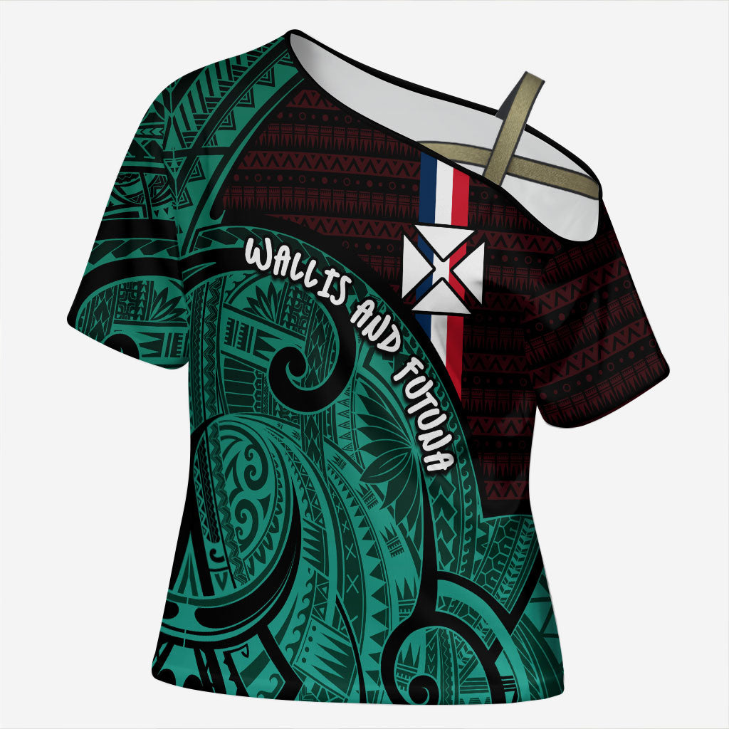 Wallis And Futuna Cross Shoulder Shirt Tribal Polynesian Tattoo Heritage Cross Flag TS04 Female Green Black - Polynesian Pride