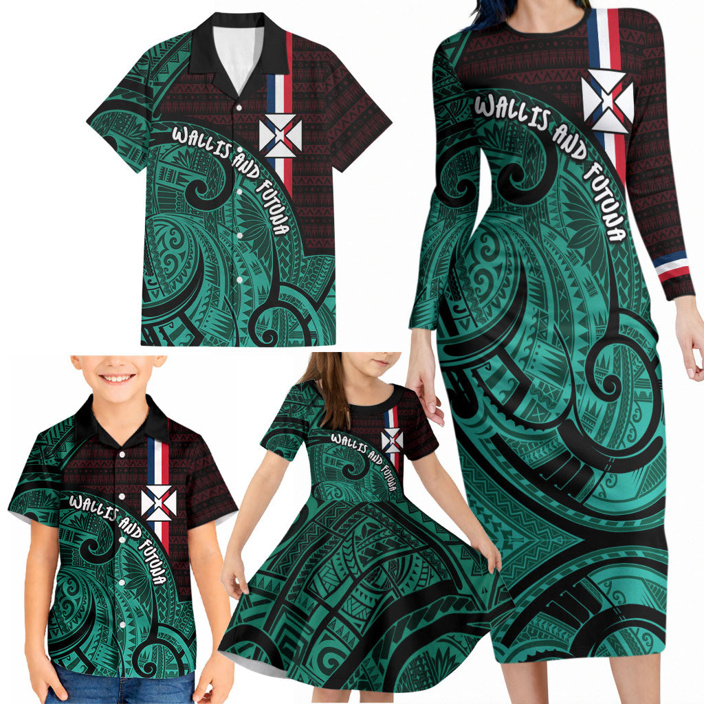 Wallis And Futuna Family Matching Long Sleeve Bodycon Dress and Hawaiian Shirt Tribal Polynesian Tattoo Heritage Cross Flag TS04 - Polynesian Pride